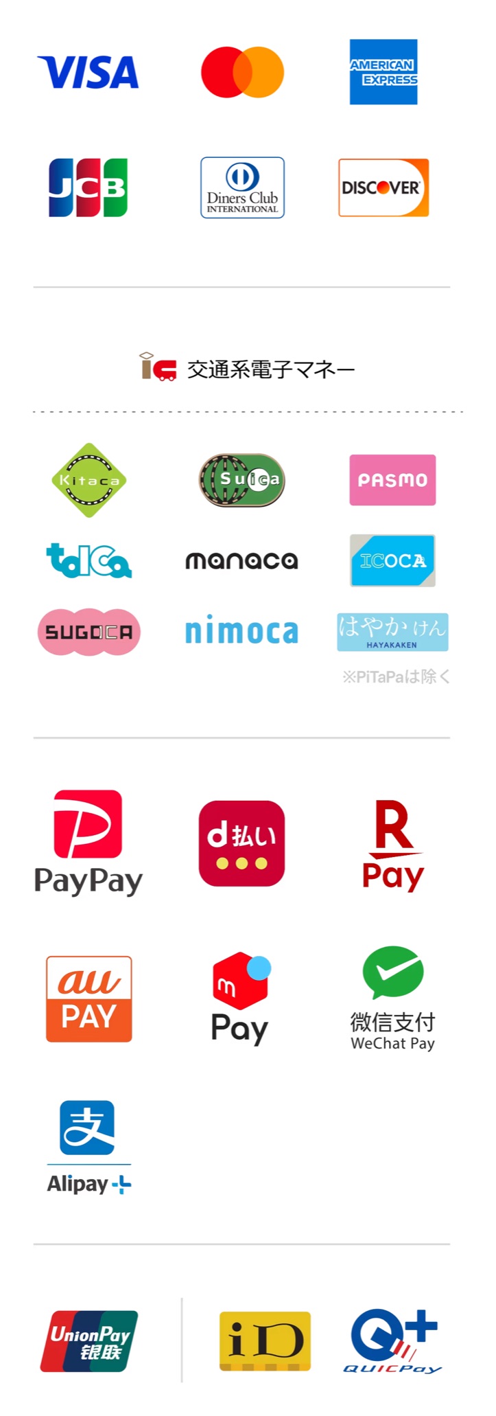 利用可能な支払い方法:VISA・Mastercard・JCB等クレジットカード、交通系電子マネー、PayPay等QRコード決済、iD・QUICPay
